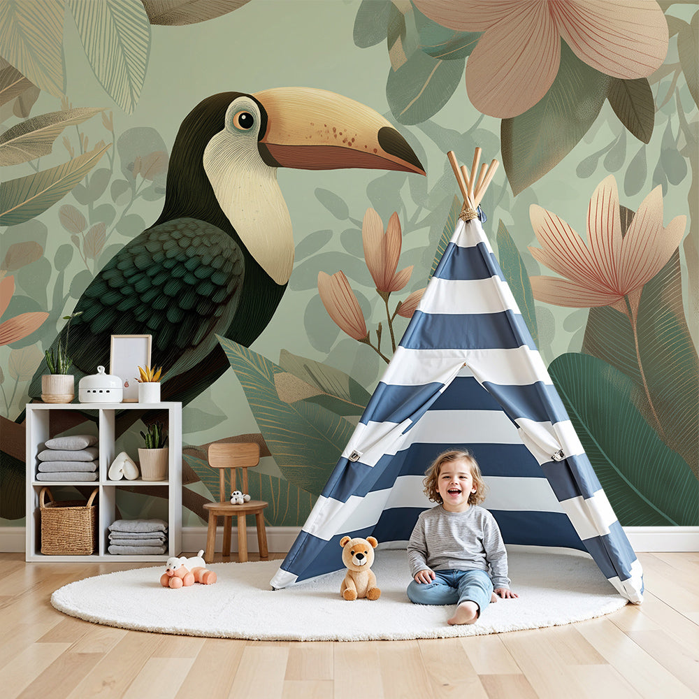 Kids-Mundo blossom toucan wall mural styled on a feature wall in a soft pink nursery.