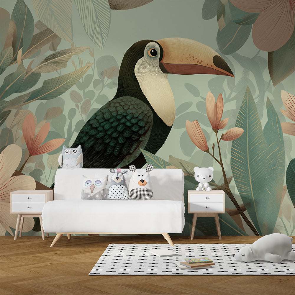 Kids-Mundo blossom toucan wall mural brightening a playroom wall near a window seat.