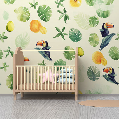 Kids-Mundo toucan wall mural with mango and monstera leaves in a bright kids bedroom