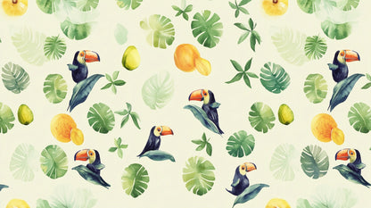 Kids-Mundo toucan and tropical fruit mural artwork showing toucans, monstera leaves and ripe mango
