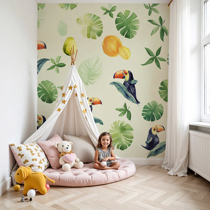 Kids-Mundo toucan and tropical fruit wall mural behind a white cot in a soft cream nursery
