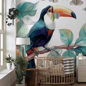 Colorful toucan bird wallpaper creating tropical paradise theme in children's bedroom