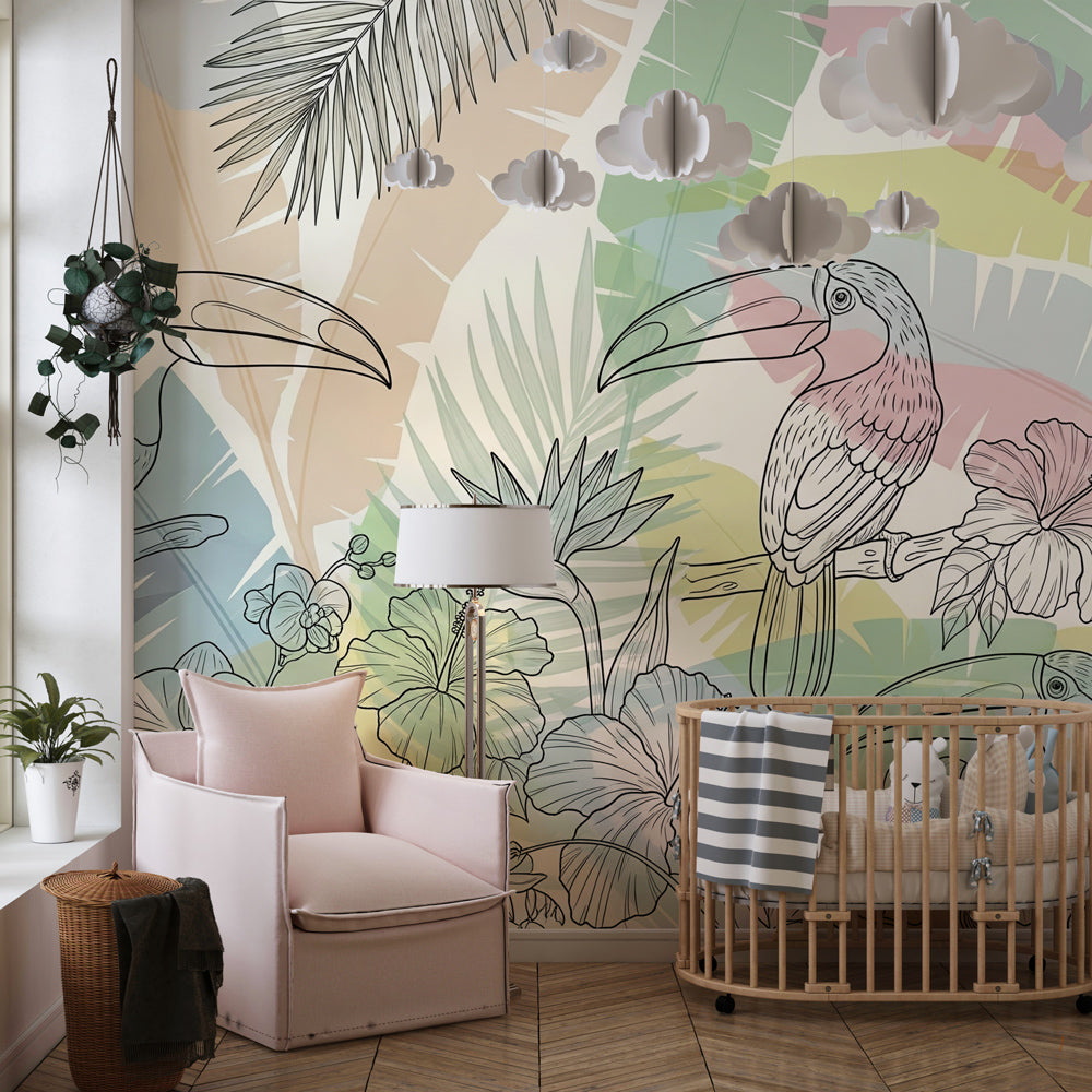 Exotic bird wallpaper featuring colorful toucans creating tropical kids bedroom decor
