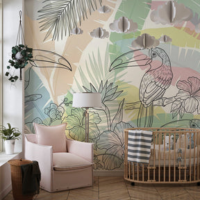 Exotic bird wallpaper featuring colorful toucans creating tropical kids bedroom decor