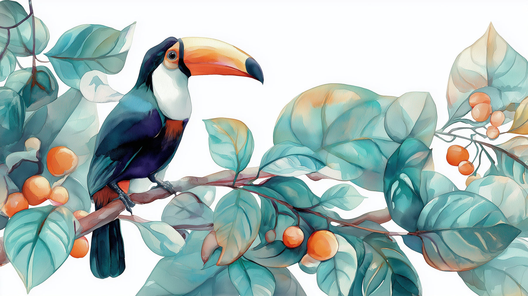 Detailed toucan tropical mural wallpaper design pattern with colorful birds and foliage by Kids-Mundo