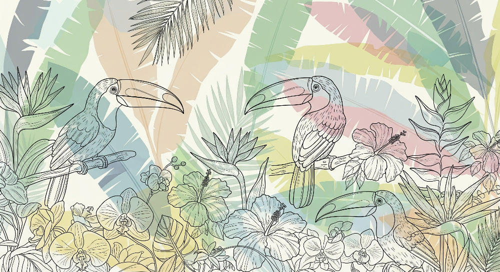 Detailed toucan tropical mural wallpaper design pattern with exotic birds and flowers by Kids-Mundo