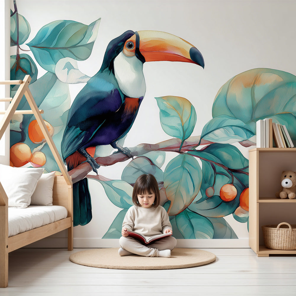 Toucan tropical mural wallpaper in modern nursery with natural wood furniture by Kids-Mundo