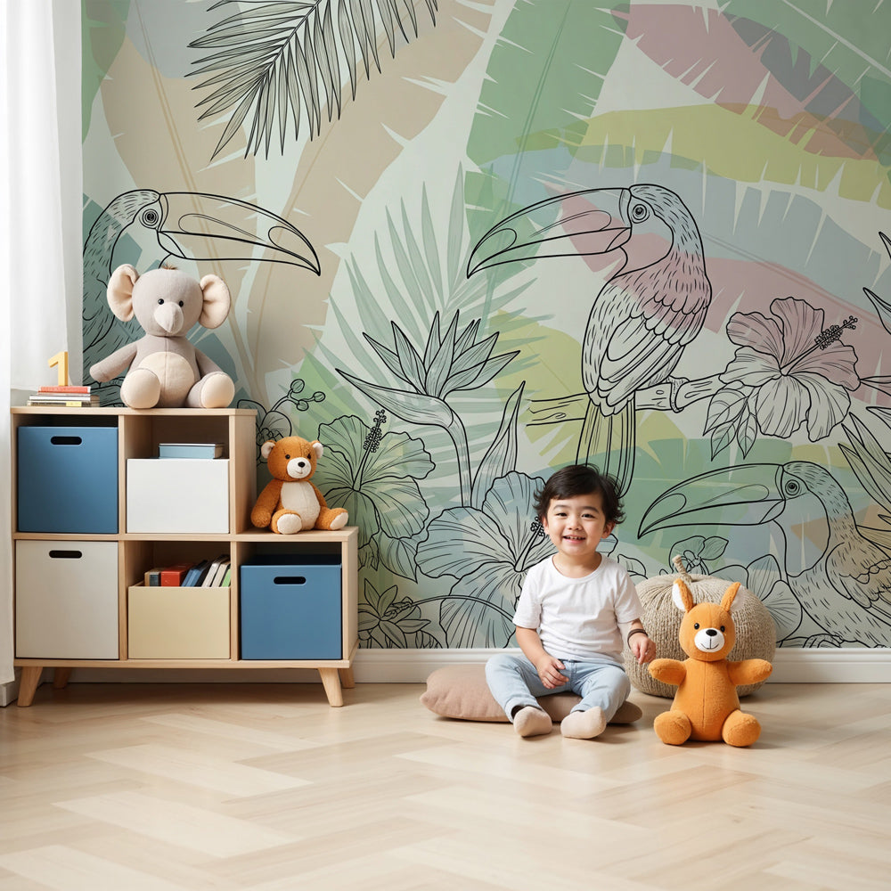 Toucan tropical mural wallpaper in bright children's nursery with natural wood furniture by Kids-Mundo