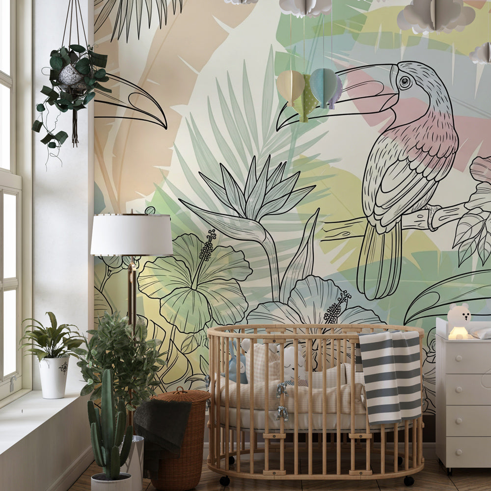 Tropical toucan mural wallpaper transforming children's playroom with vibrant jungle theme