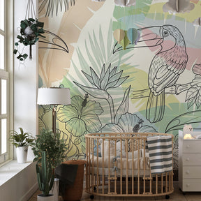 Tropical toucan mural wallpaper transforming children's playroom with vibrant jungle theme