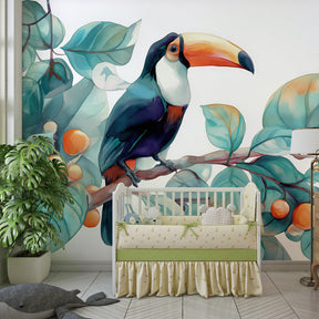 Tropical toucan mural wallpaper with lush foliage transforming kids playroom decor