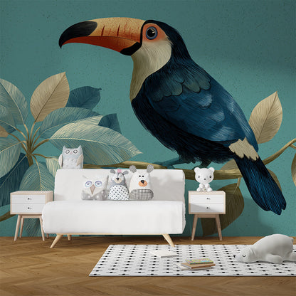 Kids-Mundo turquoise toucan wall mural covering a feature wall in a kids' bedroom.