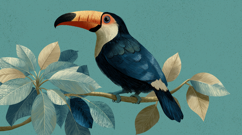 Flat artwork preview of the Kids-Mundo turquoise toucan portrait wall mural design.