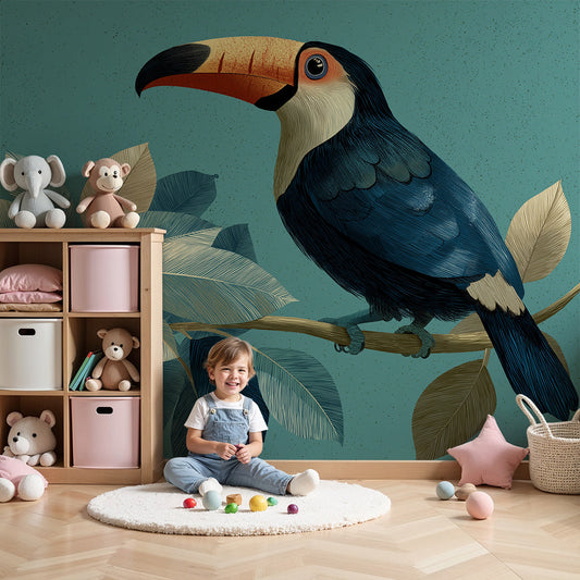 Kids-Mundo turquoise toucan wall mural styled on a feature wall in a warm nursery.
