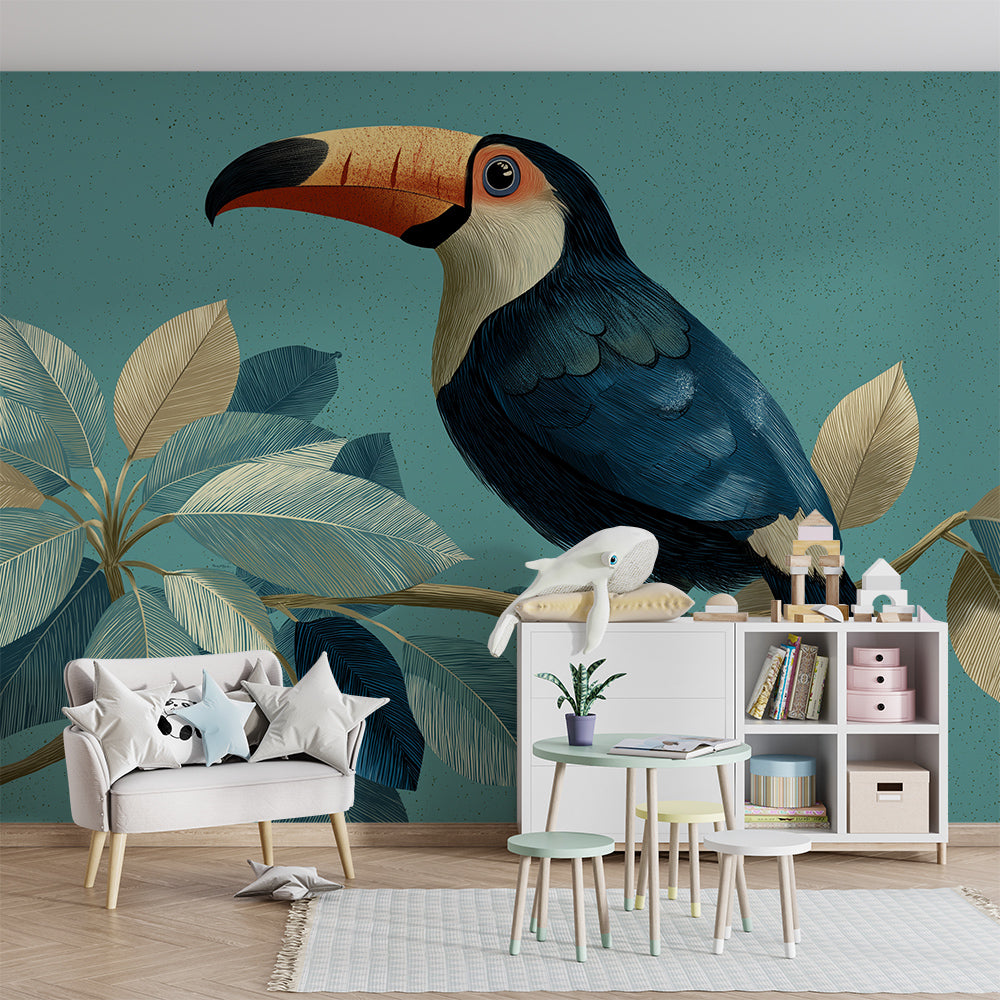 Kids-Mundo turquoise toucan wall mural brightening a playroom wall near a play mat.