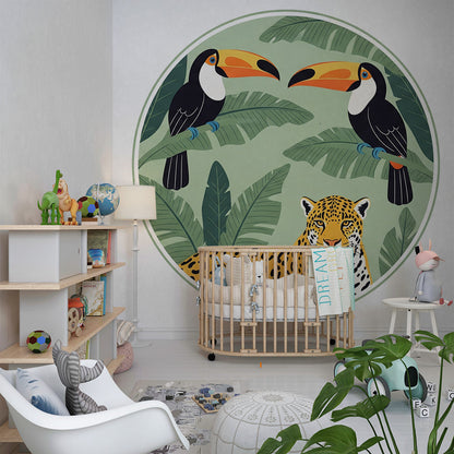 Kids-Mundo jungle medallion wall mural with toucans and a jaguar covering a wall in a kids bedroom.