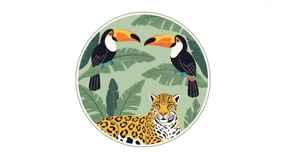 Kids-Mundo flat artwork of a circular jungle medallion mural featuring two toucans and a resting jaguar.