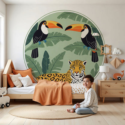 Kids-Mundo toucan and jaguar jungle mural shown as wallpaper on a feature wall in a calm nursery.