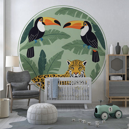 Kids-Mundo toucan and jaguar wall mural installed as a soft jungle feature wall in a children's playroom.