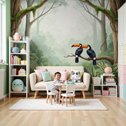 Kids-Mundo misty jungle toucan wall mural styled in a calm nursery room