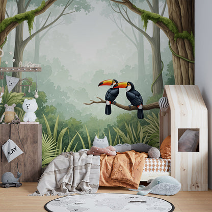 Kids-Mundo misty jungle wall mural with toucans in a nature-themed playroom