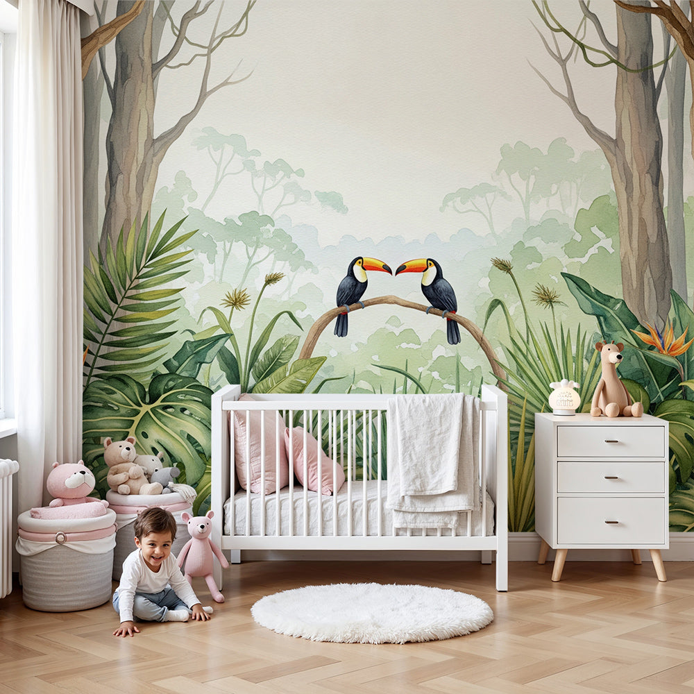Kids-Mundo toucan jungle wall mural styled behind a cot in a soft green nursery