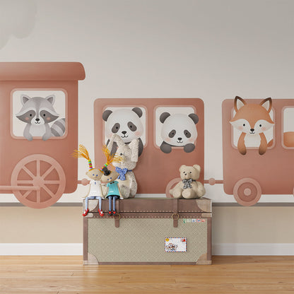 Kids-Mundo terracotta toy train wall mural styled on a feature wall in a kids bedroom