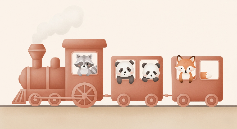 Terracotta Toy Train with Panda and Fox Wall Mural