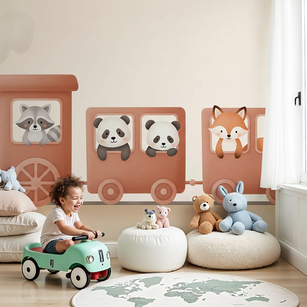 Kids-Mundo toy train wall mural with panda and fox friends above a baby nursery cot