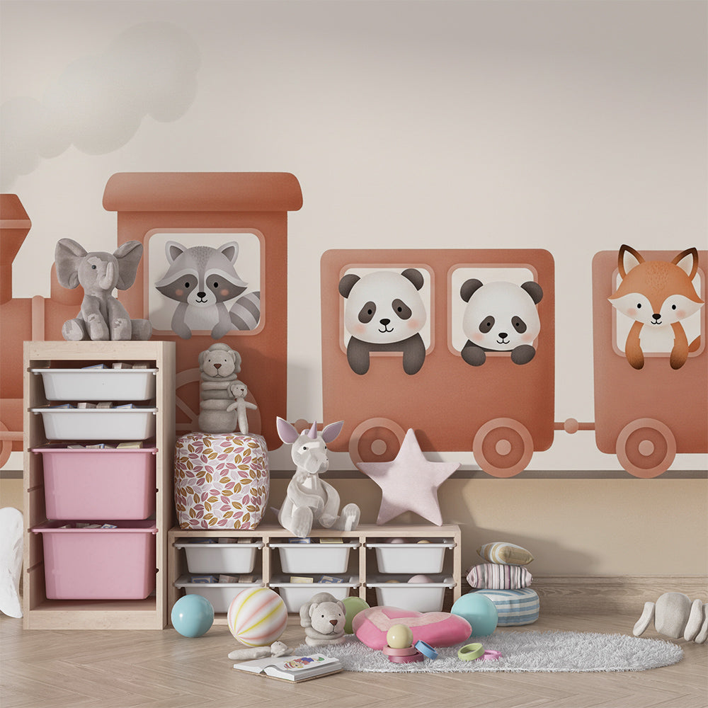 Kids-Mundo toy train wall mural with cuddly animals brightening a children's playroom
