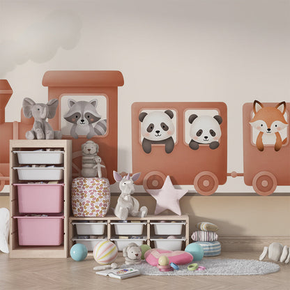 Kids-Mundo toy train wall mural with cuddly animals brightening a children's playroom