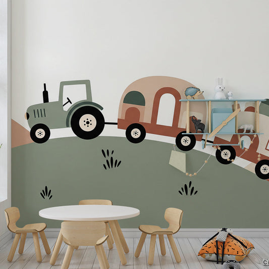 Kids-Mundo tractor and caravan wall mural filling a wall in a cosy kids bedroom