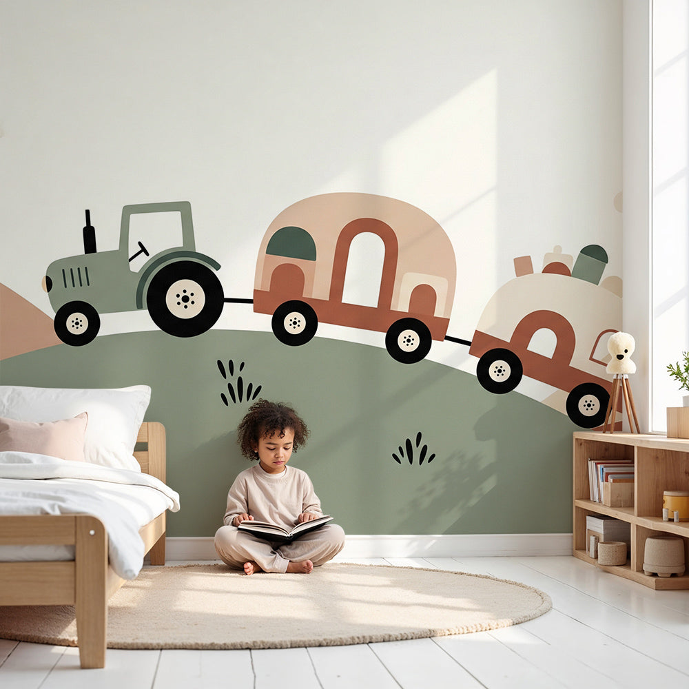 Kids-Mundo tractor and caravan wall mural styled in a soft-toned countryside nursery