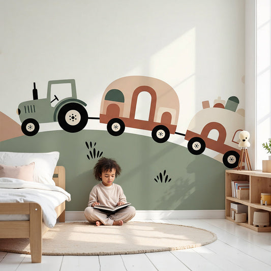 Kids-Mundo tractor and caravan wall mural styled in a soft-toned countryside nursery