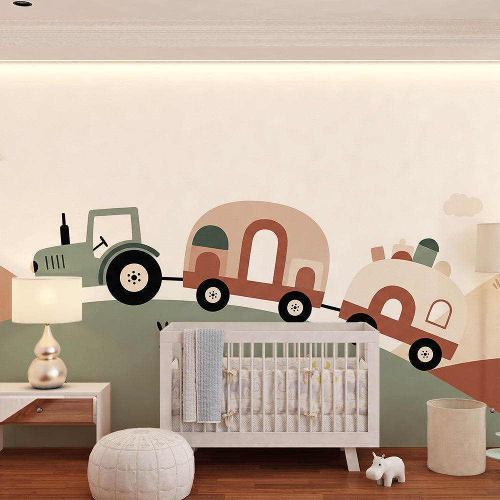 Kids-Mundo tractor and caravan wall mural bringing gentle hills to a playroom wall