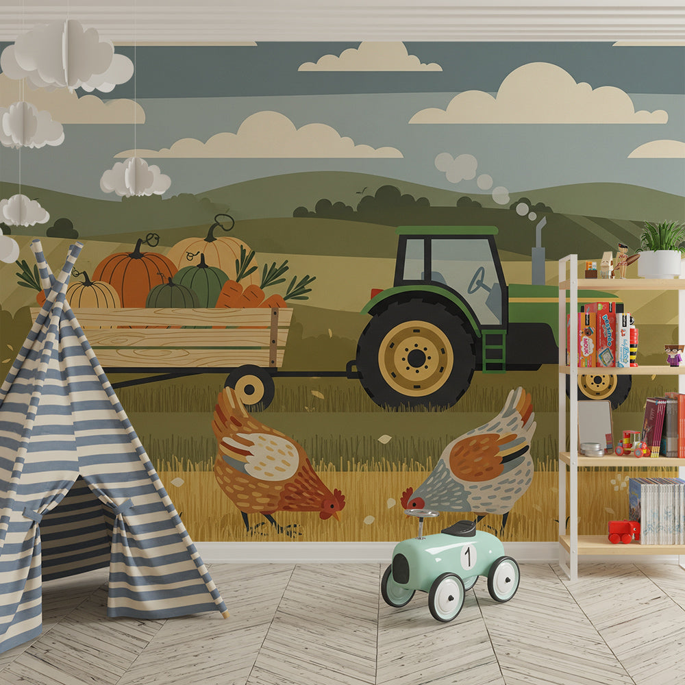 Kids-Mundo farm wall mural with tractor and chickens in a kids bedroom