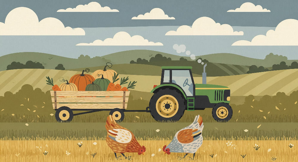 Kids-Mundo flat artwork of a green tractor pulling a pumpkin harvest cart