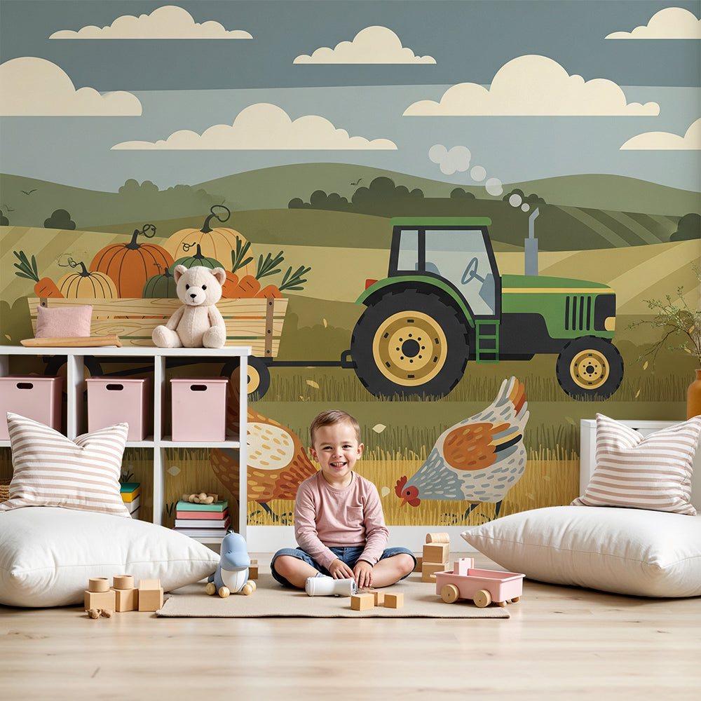 Kids-Mundo tractor and pumpkin harvest wall mural in a bright kids nursery