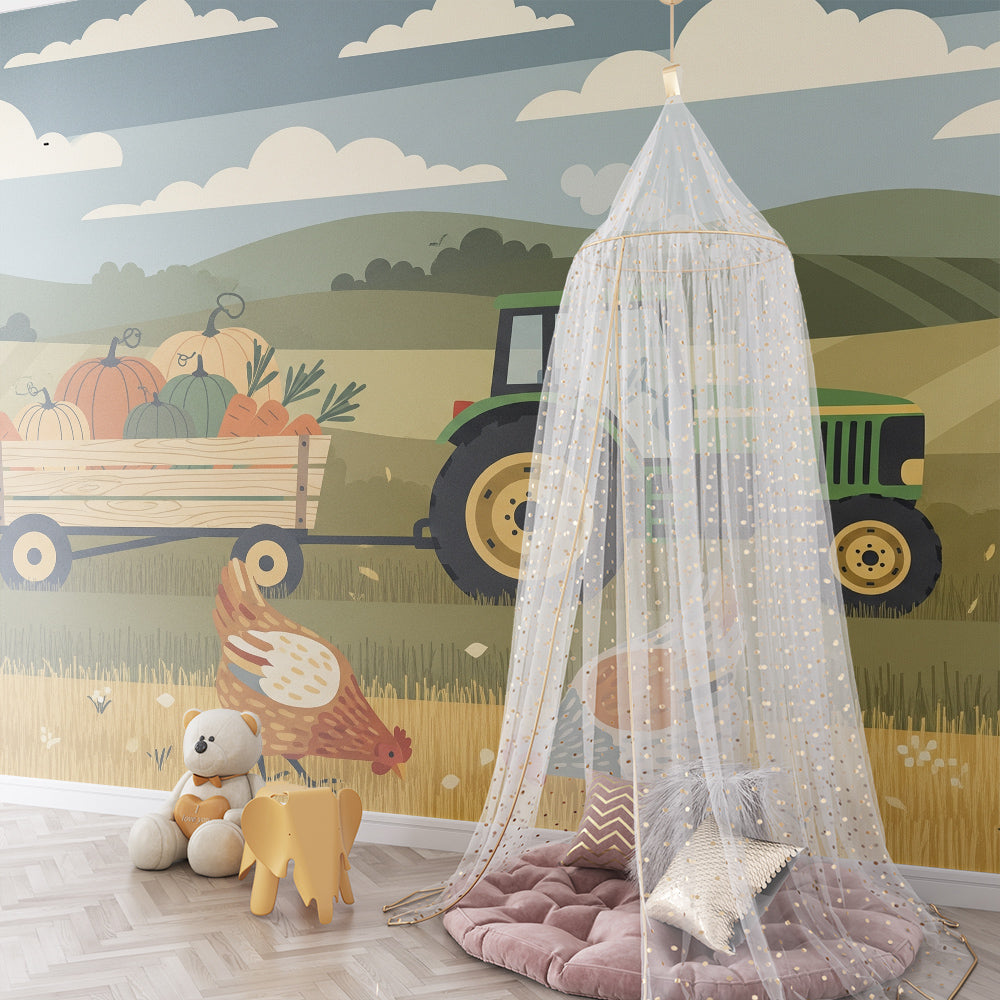 Kids-Mundo countryside harvest wall mural with tractor in a kids playroom