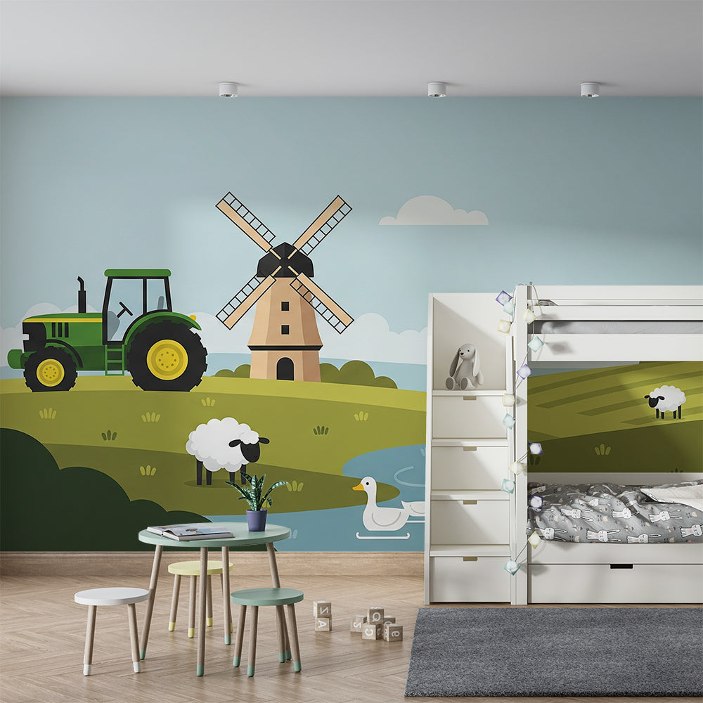 Kids-Mundo farm windmill wall mural covering a feature wall in a countryside themed bedroom