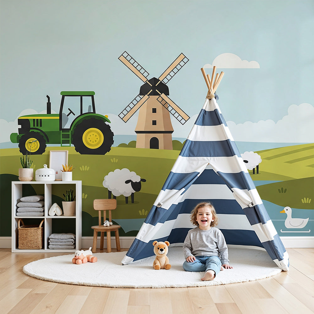 Kids-Mundo tractor farm wall mural fitted above a cot in a bright green and blue nursery