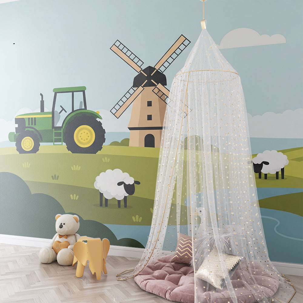 Kids-Mundo tractor and duck pond wall mural fitted in a playroom with farm toys