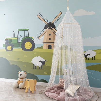 Kids-Mundo tractor and duck pond wall mural fitted in a playroom with farm toys