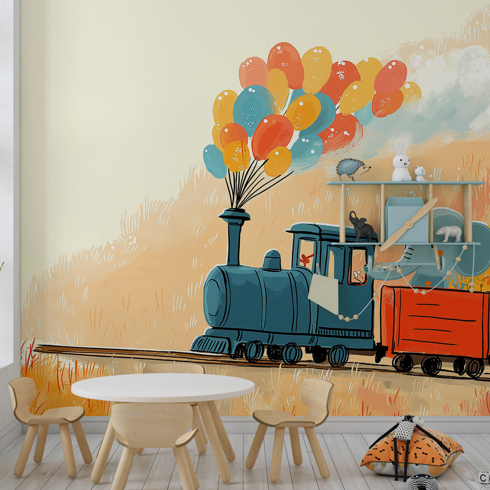 Colorful train wallpaper creating magical children's bedroom with autumn theme and elephant conductor