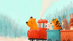 Detailed train adventure mural wallpaper design pattern showing bear conductor and animal friends by Kids-Mundo