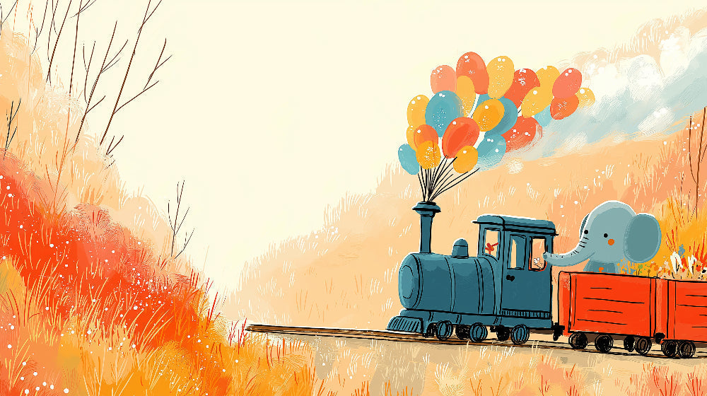 Detailed train adventure mural wallpaper design pattern showing elephant conductor and autumn landscape by Kids-Mundo