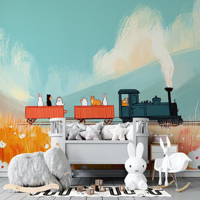 Children's train mural wallpaper featuring rabbits and dog in bright toddler room