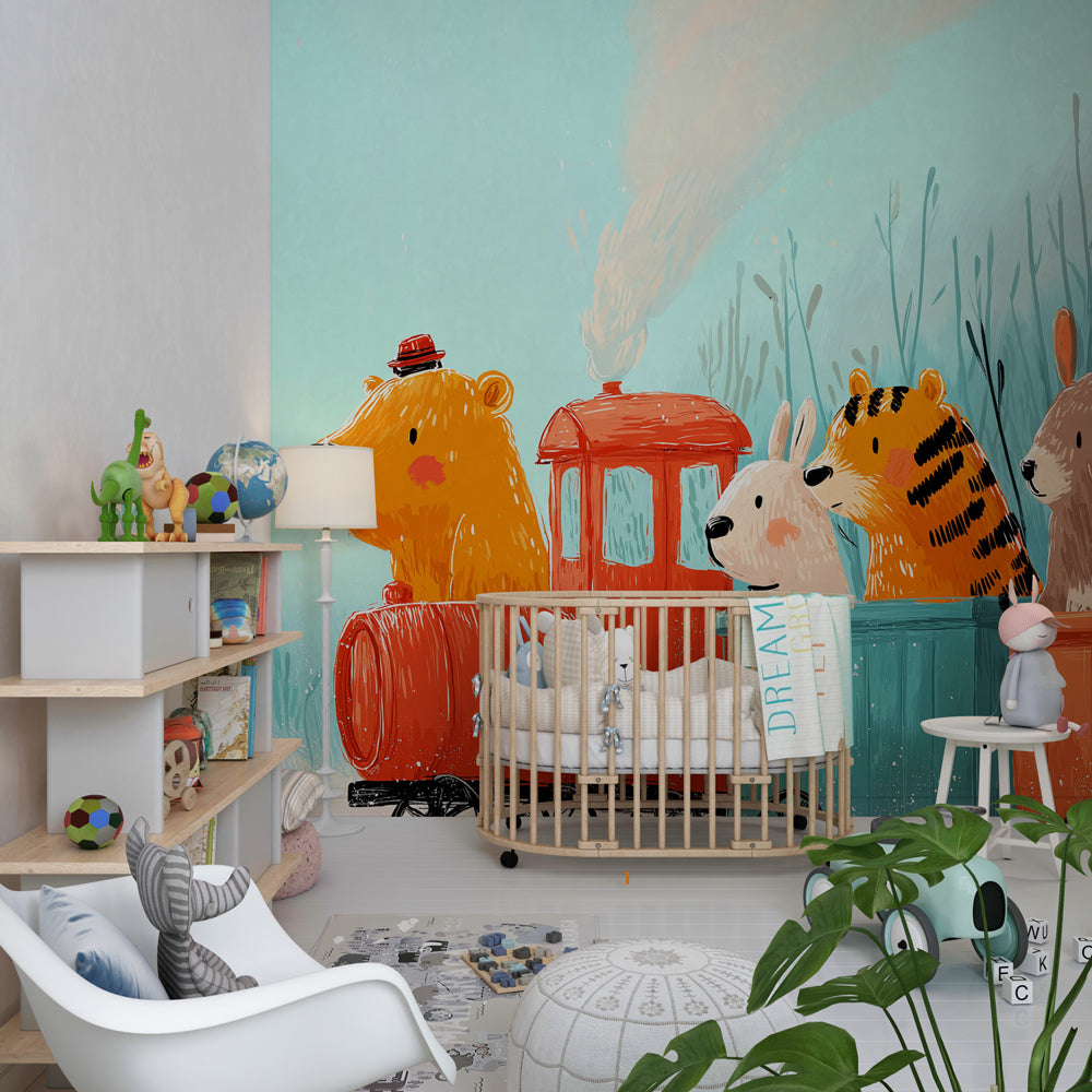 Colorful train and animals mural wallpaper for kids playroom featuring woodland creatures by Kids-Mundo