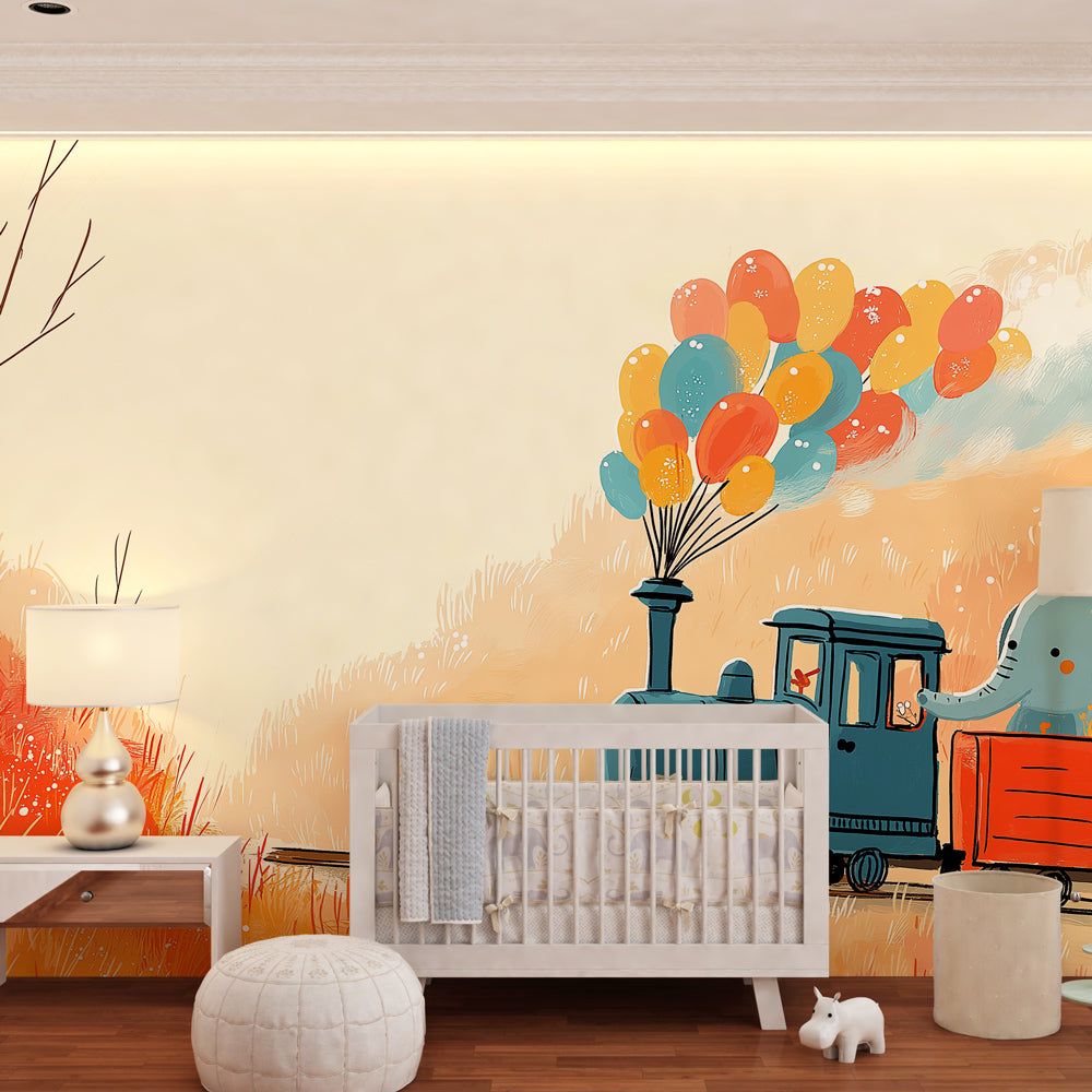 Kids playroom featuring train adventure mural wallpaper with floating balloons and forest scenery