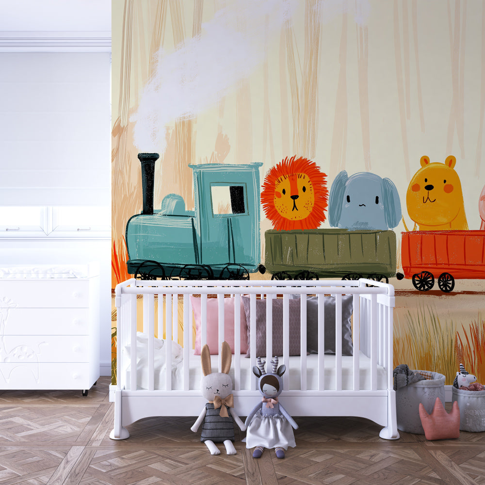 Colorful train with animal passengers wallpaper creating playful kids bedroom decor
